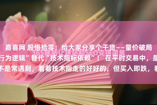 嘉喜网 股悟拾零：给大家分享个干货——量价破局，定势主升！ 用主力“行为逻辑”替代“技术指标依赖”！ 在平时交易中，是不是常遇到，看着技术指走的好好的，但买入即跌，看着技术指标走坏，卖出即...